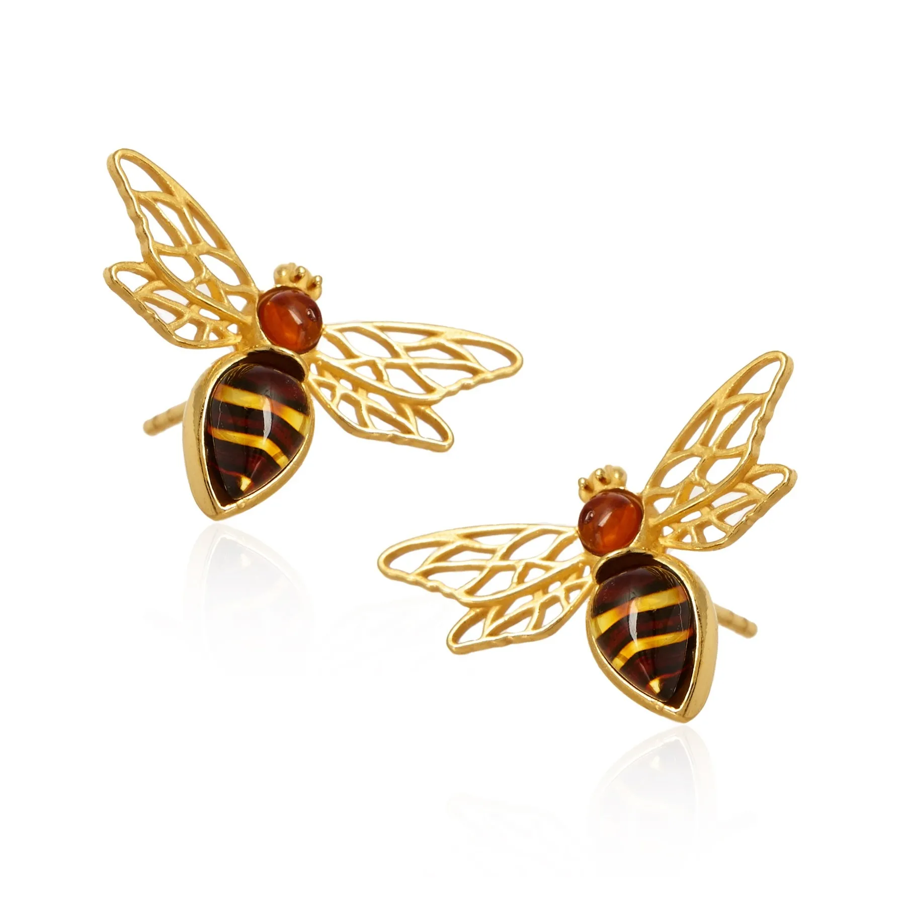 Kolczyki srebrne pozłacane pszczółki z bursztynem