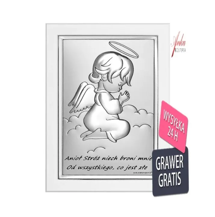Obrazek aniołek na białym drewnie - pamiątka na chrzest , roczek 11 cm* 15 cm