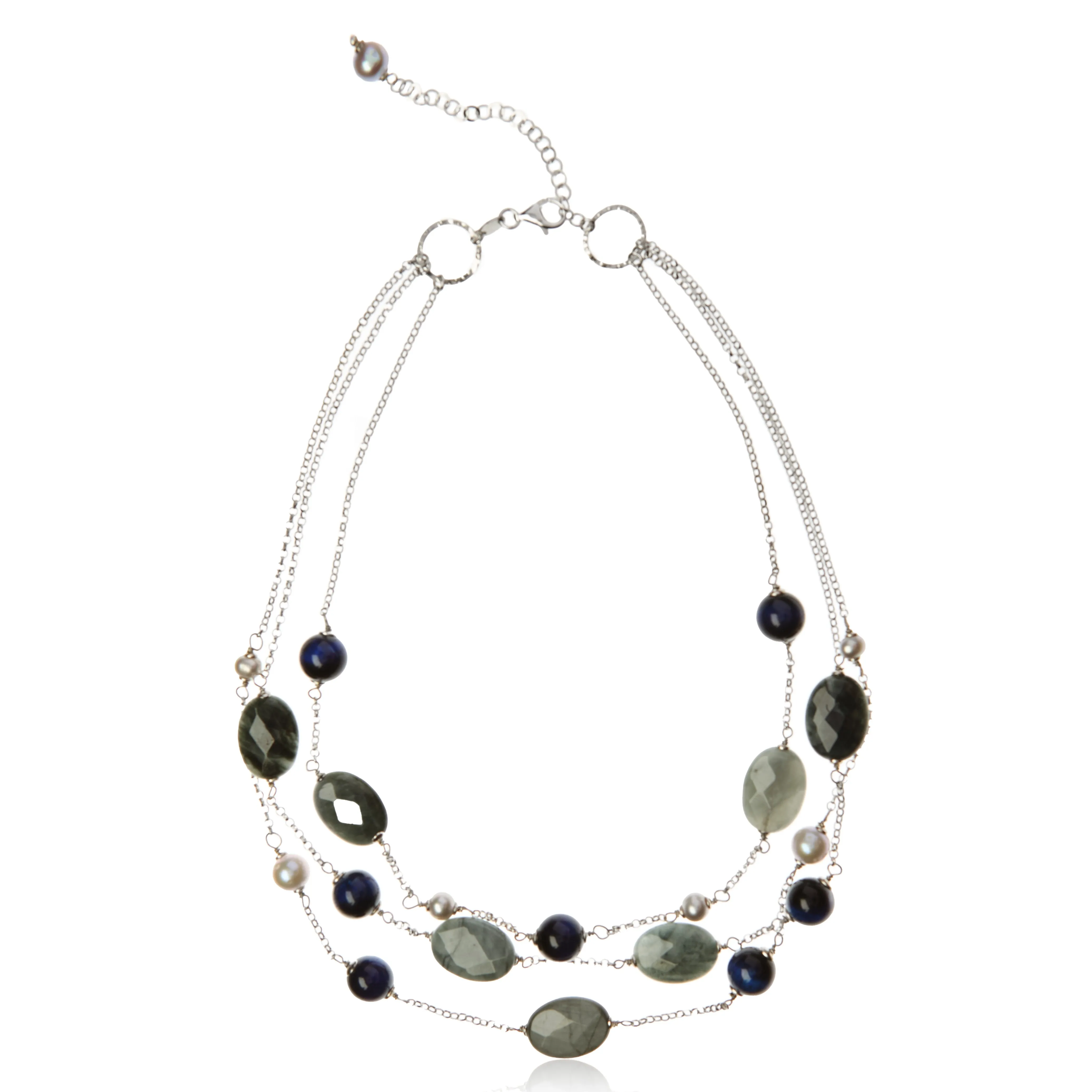 Piękne korale srebrne  z naturalnymi kamieniami: oczy tygrysa niebieskie, hawks eye , perły