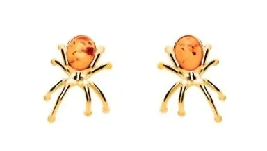 Kolczyki srebrne pozłacane  pająki z bursztynem