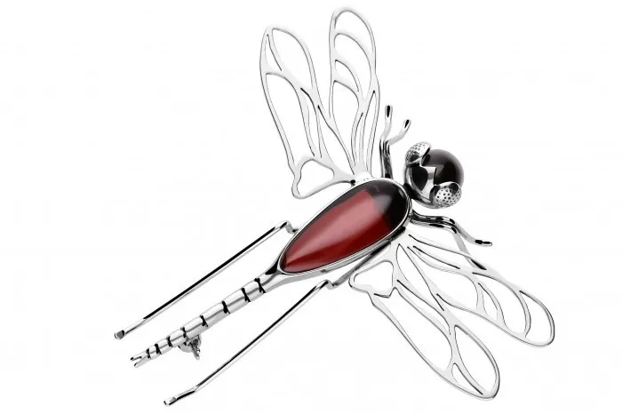 Srebrna broszka ważka  z wiśniowym bursztynem