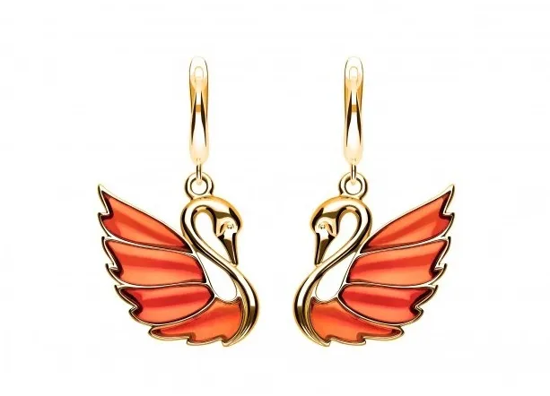 Kolczyki srebrne pozłacane łabędzie  z koniakowym bursztynem