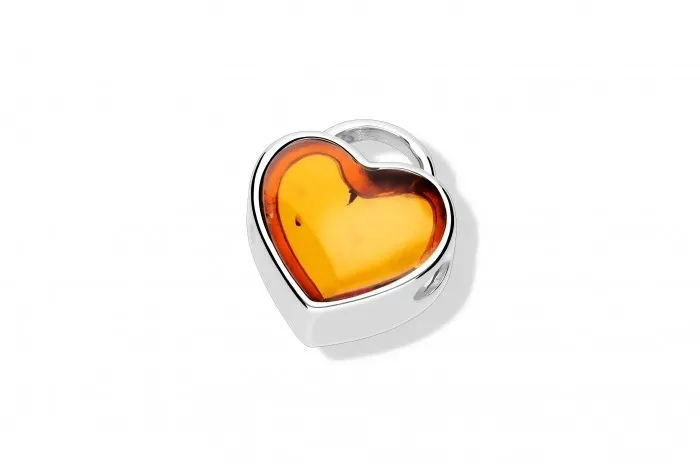 Charms srebrny z bursztynem do bransoletek modułowych serduszko z koniakopwym bursztynem