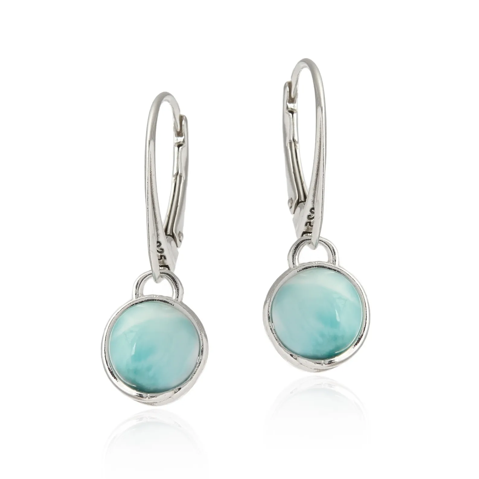 Kolczyki srebrne z larimarem subtelne okrągłe na angielskim zapięciu