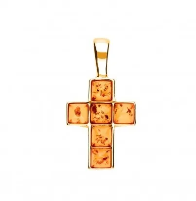 Krzyżyk srebrny z  koniakowym  bursztynem kosteczki