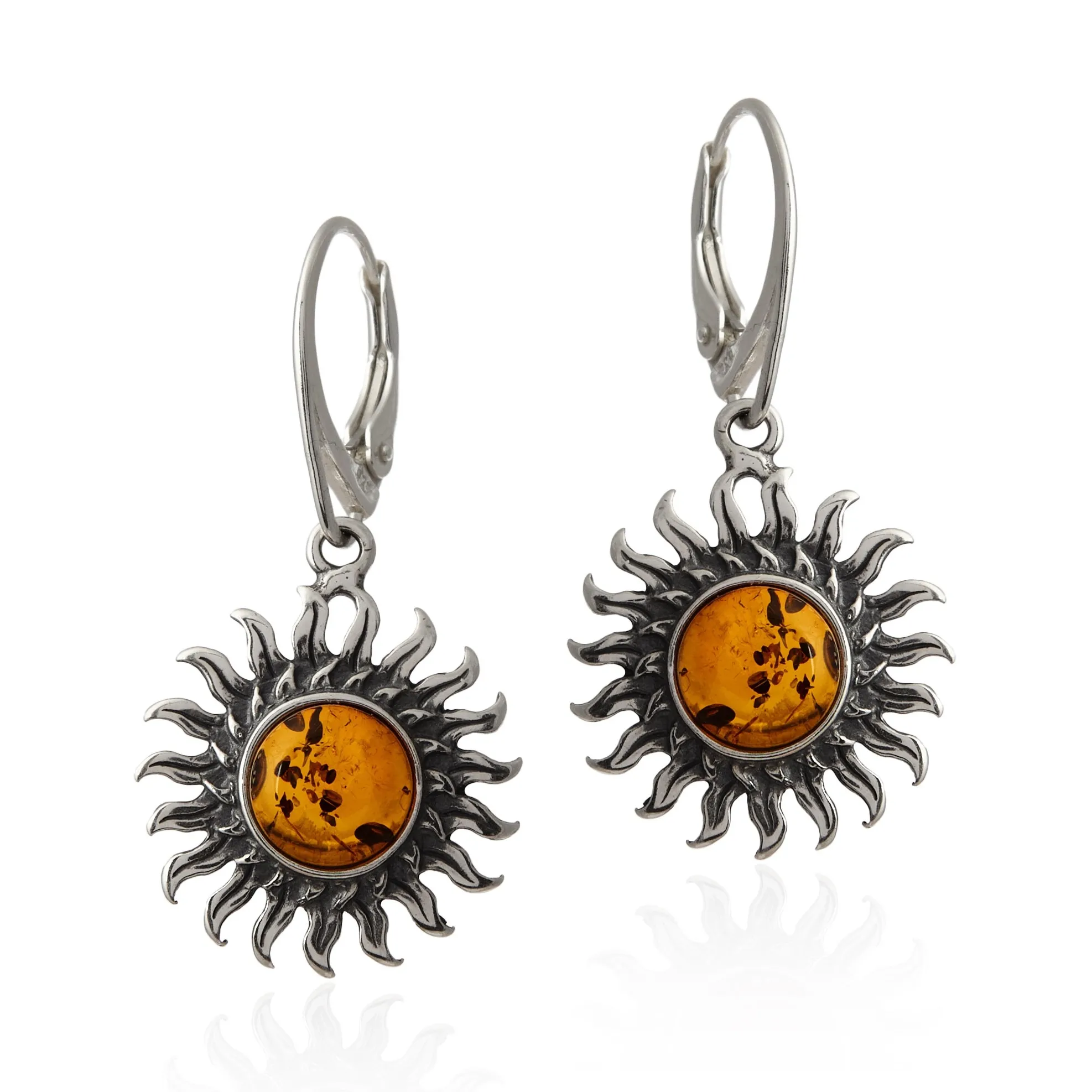Kolczyki srebrne słoneczka oksydowane z bursztynem