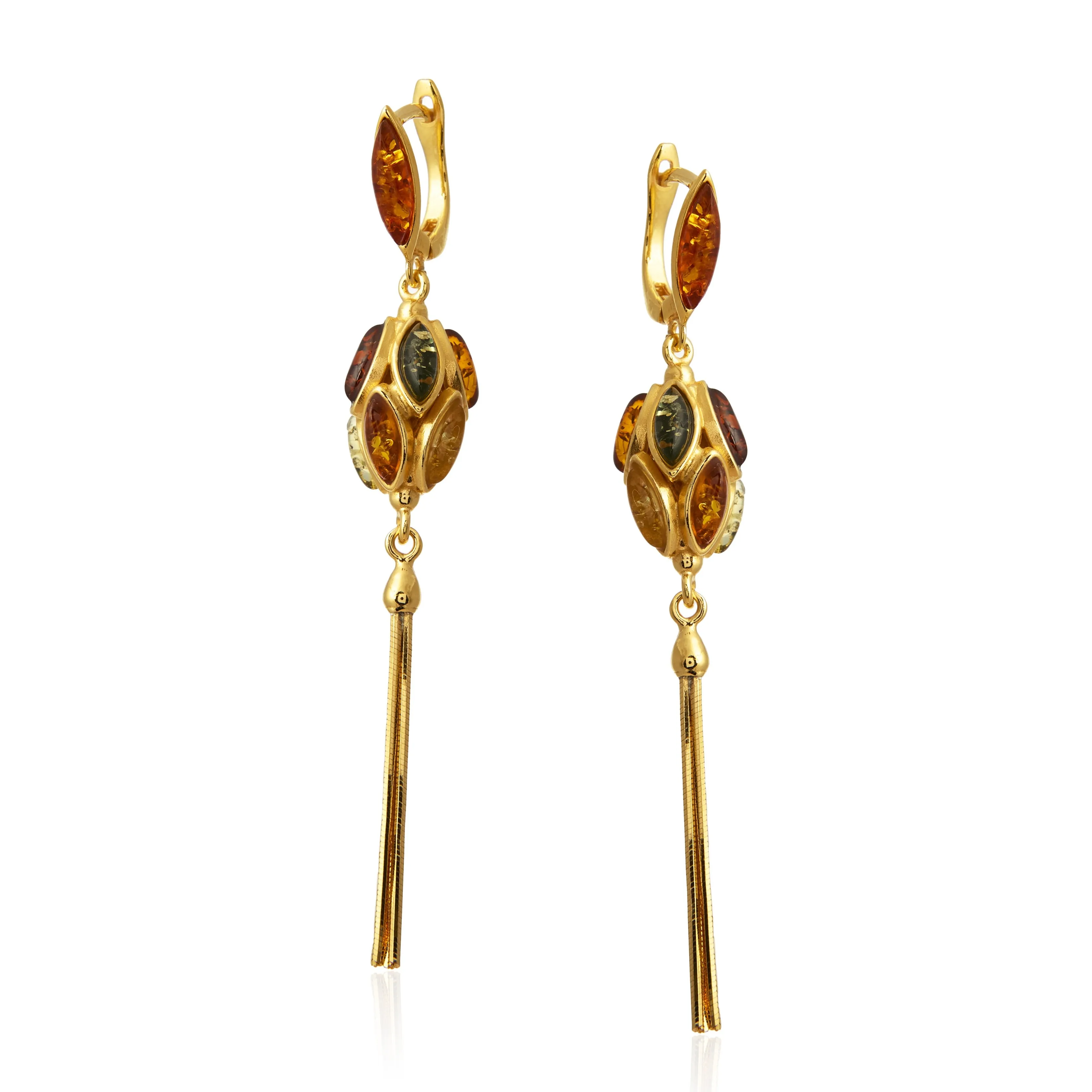 Kolczyki srebrne pozłacane alladynki z kolorowym bursztynem długie