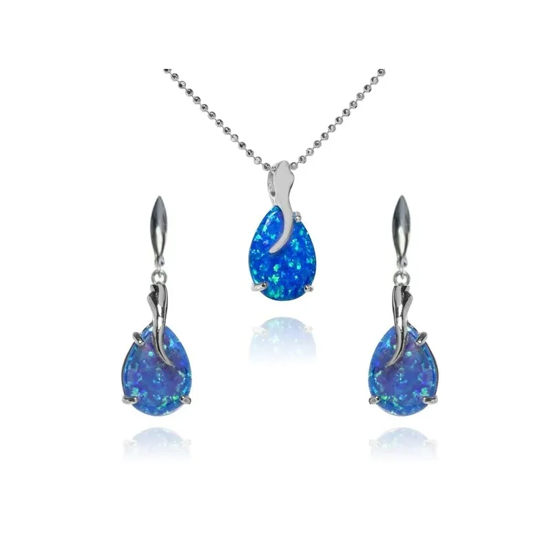 Komplet srebrny rodowany z niebieskim opalem