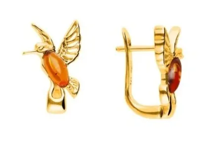 Kolczyki srebrne pozłacane koliberki na angielskim zapięciu