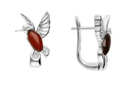 Kolczyki srebrne koliberki z wiśniowym bursztynem