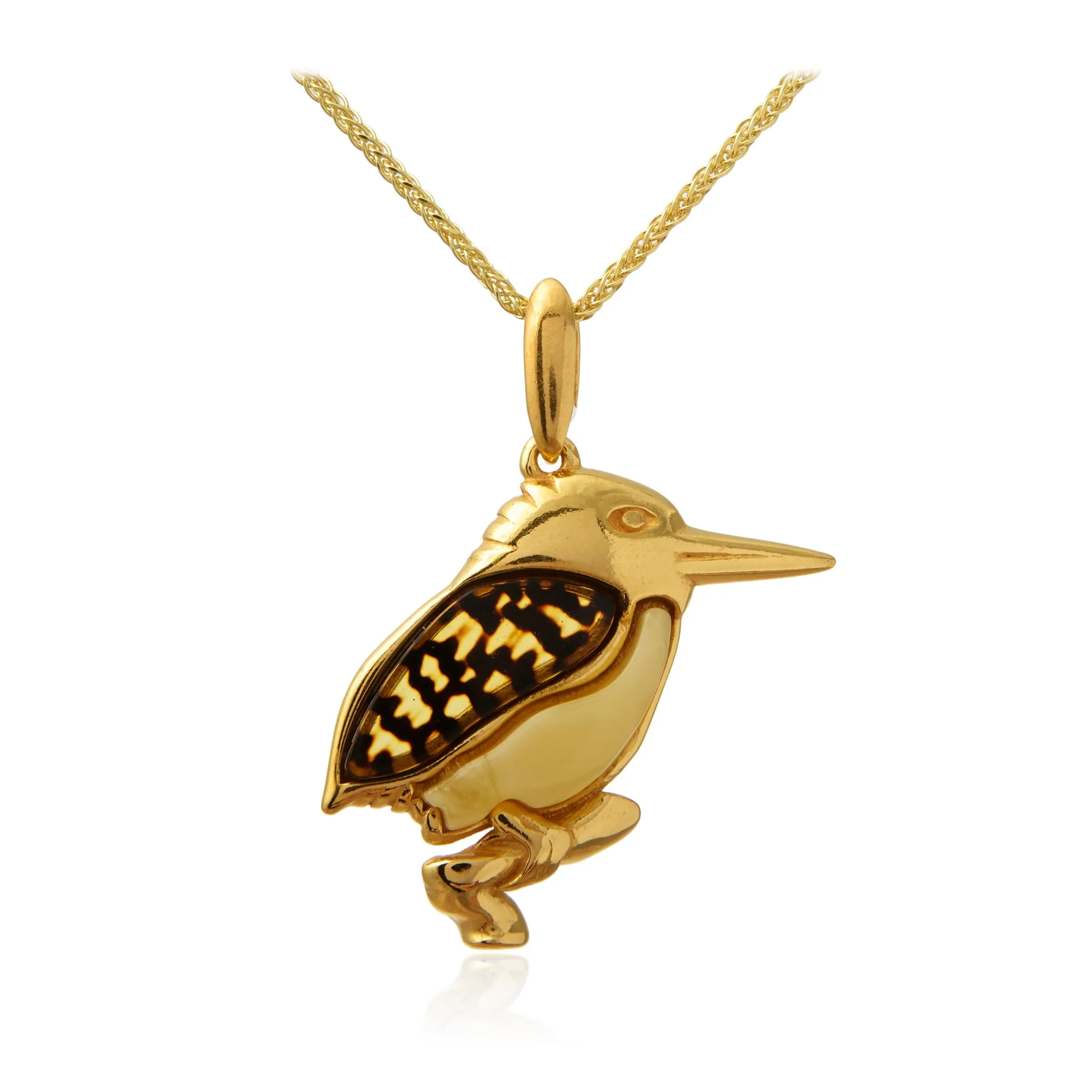 Srebrna zawieszka pozłacana i grawerowana z bursztynem zimorodek