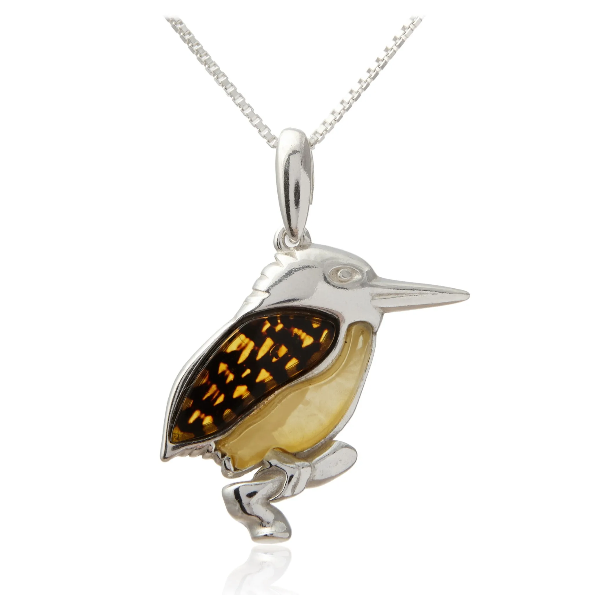 Srebrna zawieszka grawerowana z bursztynem zimorodek