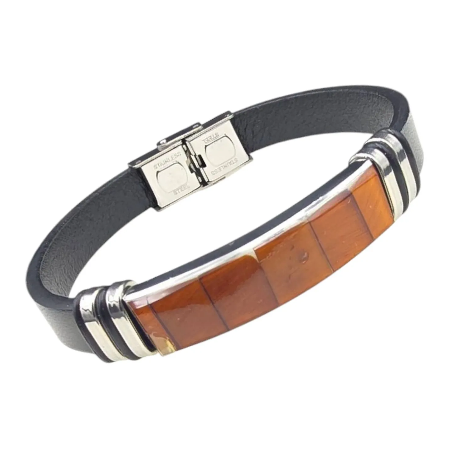 Bransoletka ze stali szlachetnej z wiśniowym bursztynem  i skóry
