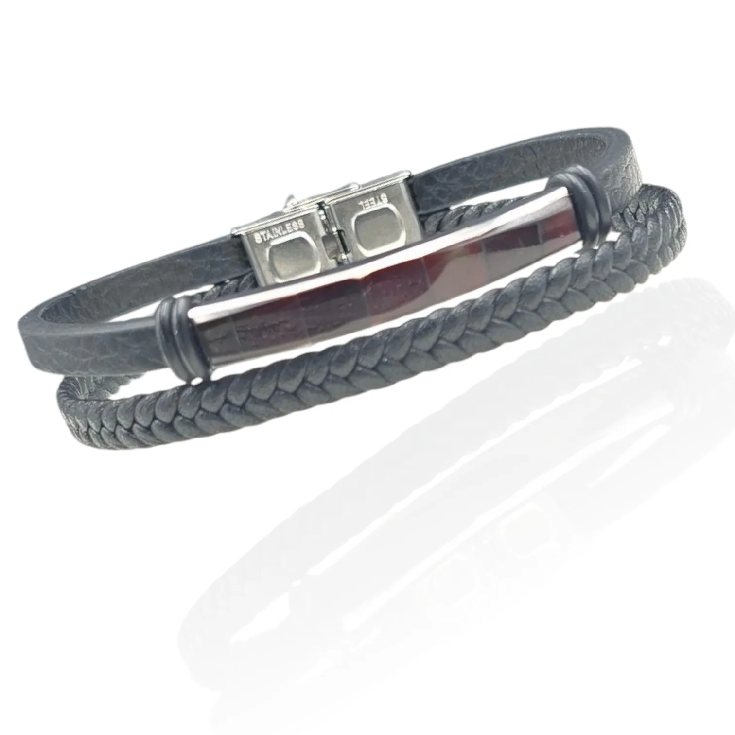 Bransoletka podwója z plecionej skóry i bursztynu wiśniowego