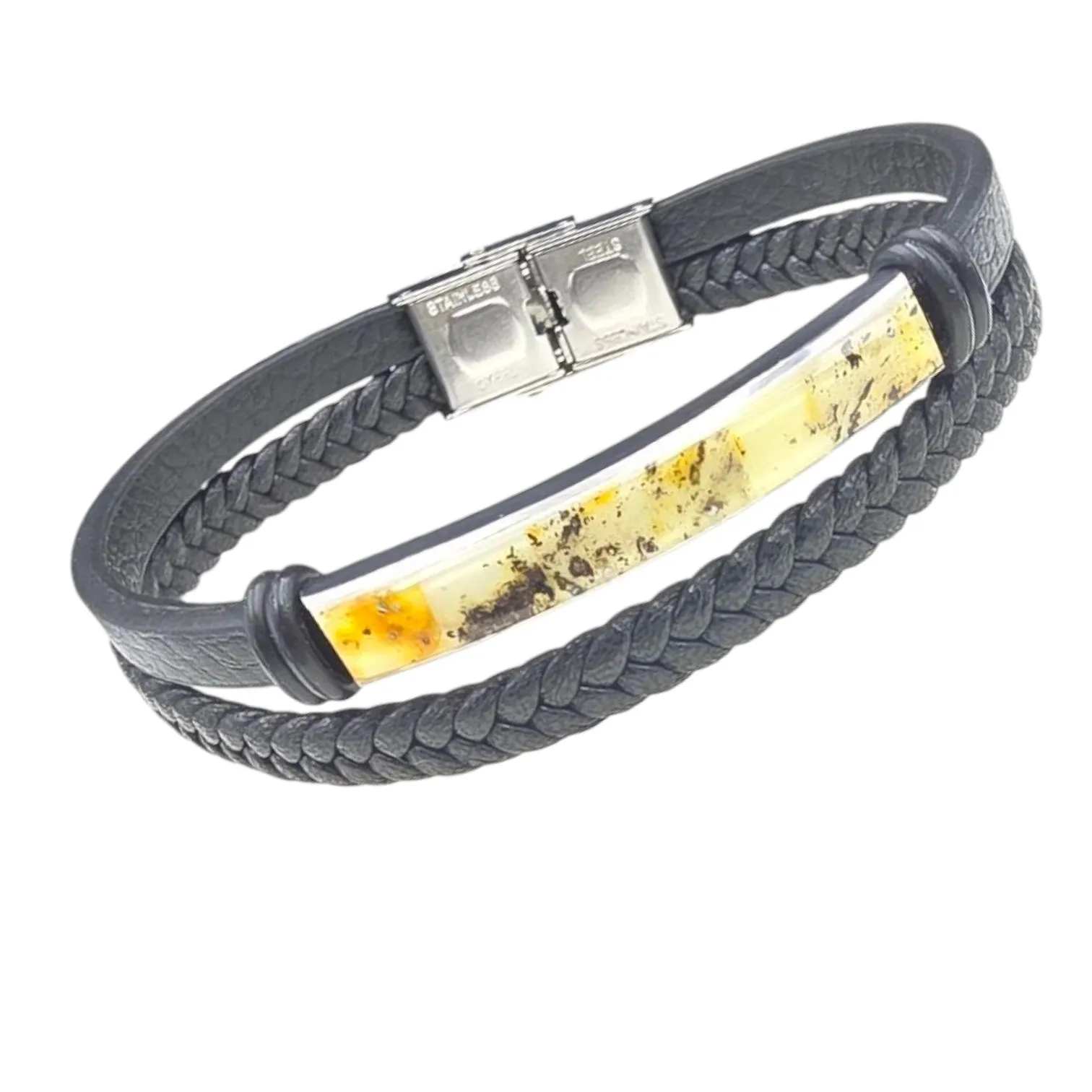 Bransoletka podwója z plecionej skóry i bursztynu biało-żółtego z naturalnymi przybrudzeniami