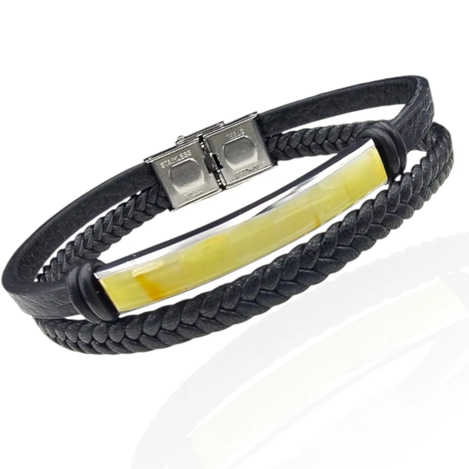 Bransoletka podwója z plecionej skóry i bursztynu biało-żółtego