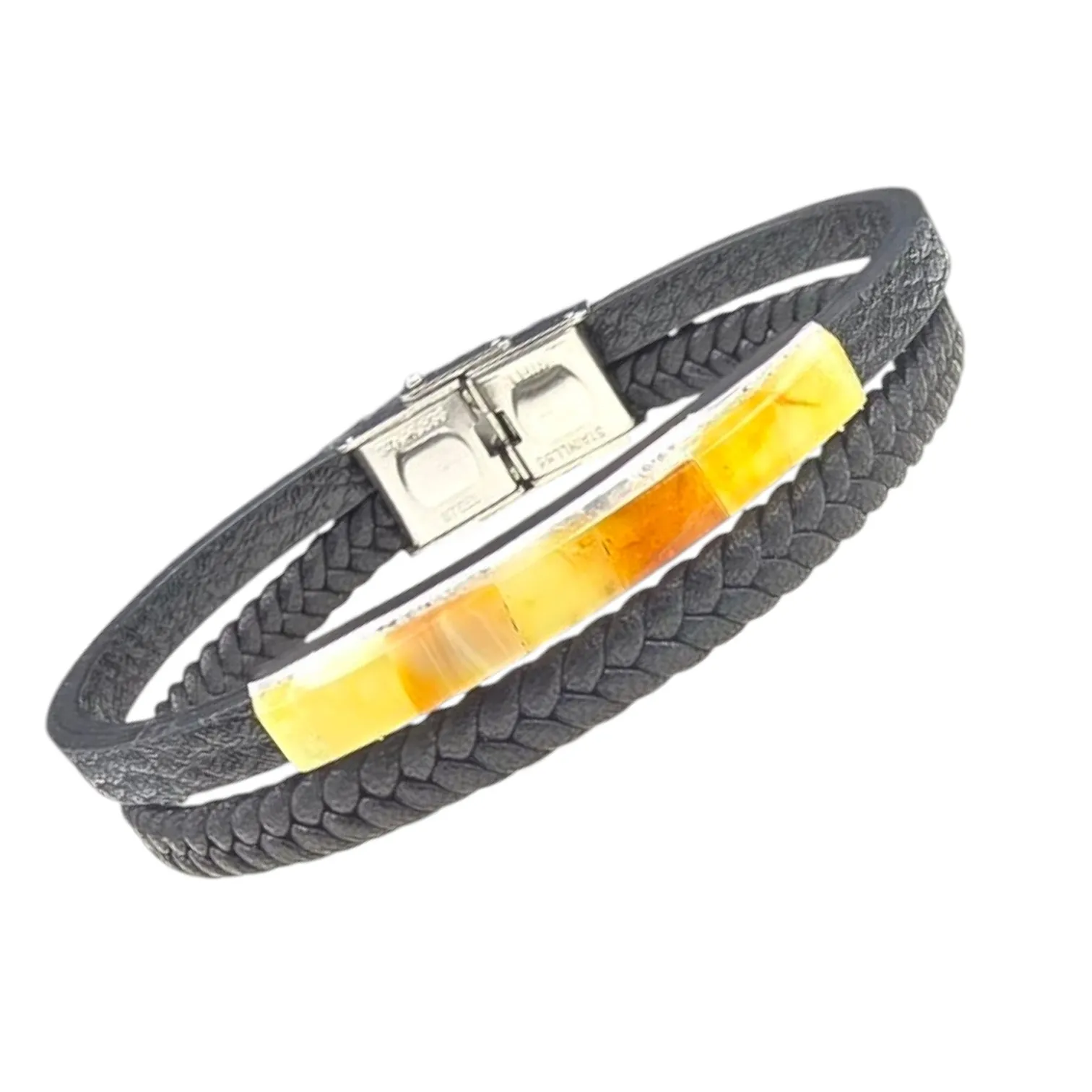 Bransoletka podwója z plecionej skóry i bursztynu żółto-koniakowego
