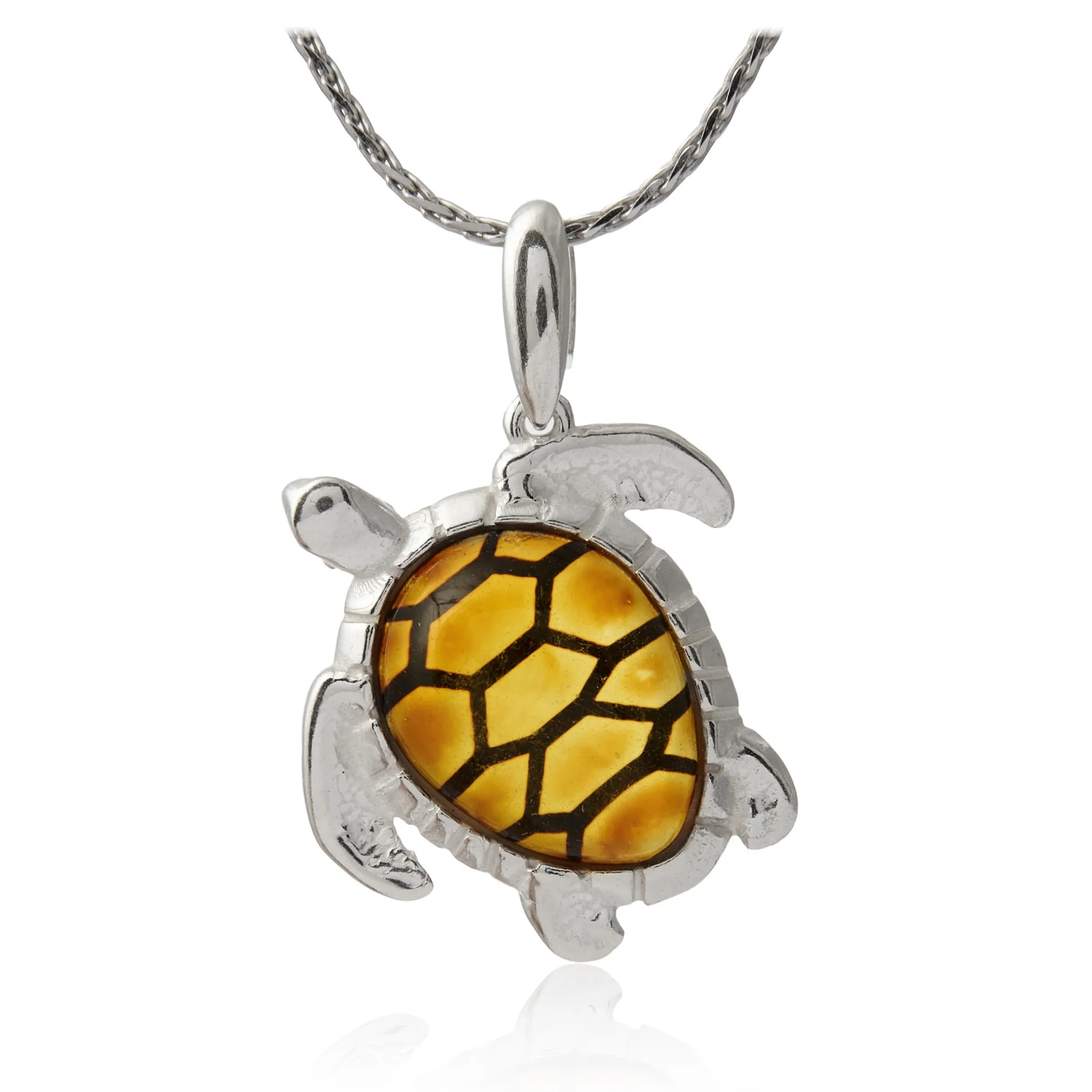 Srebrna zawieszka z grawerowanym bursztynem - żółw-– symbol długowieczności i mądrości