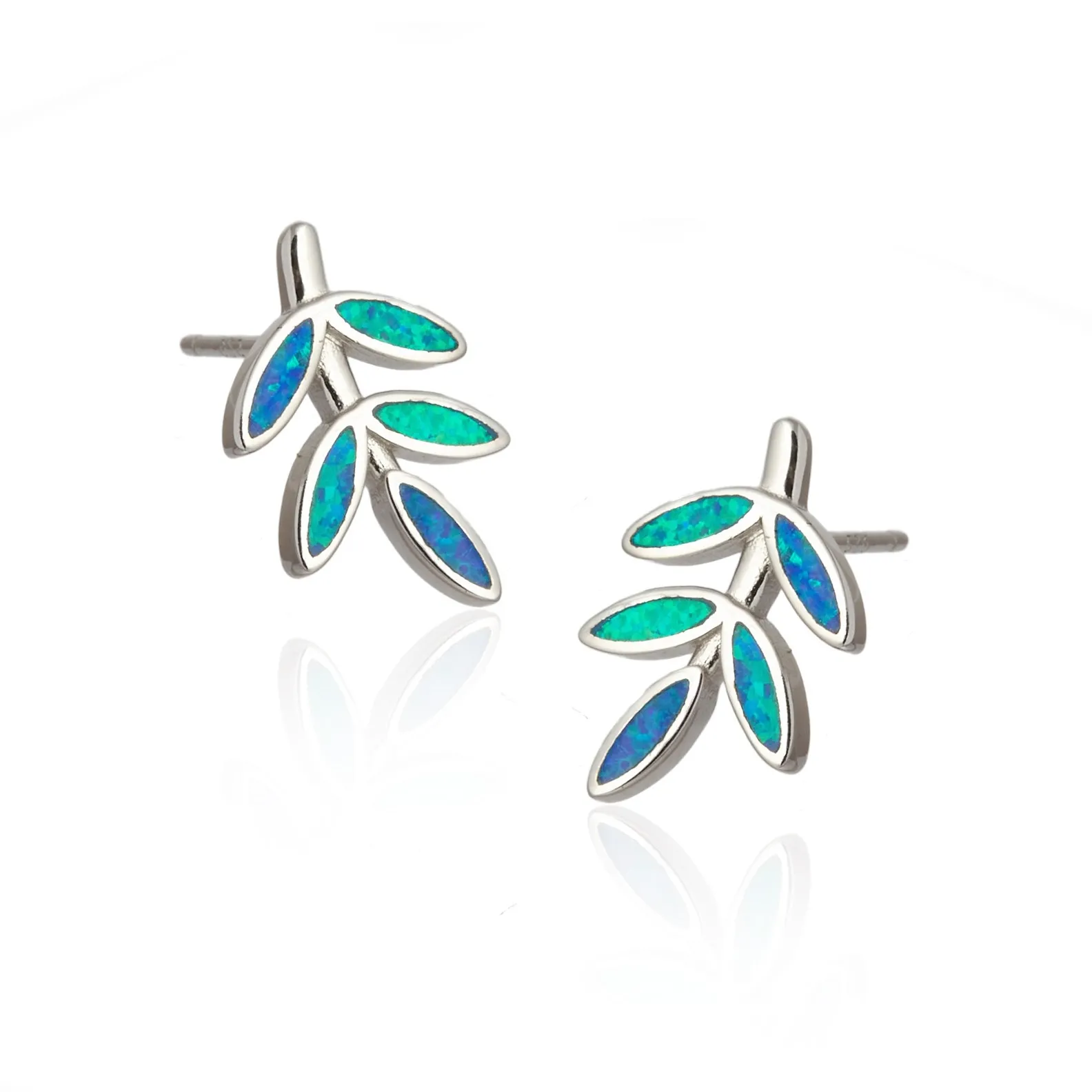 Kolczyki srebrne listki z niebieskim opalem