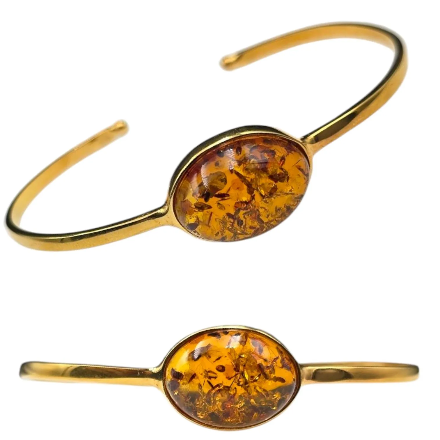 Bransoletka srebrna pozłacana  z koniakowym owalnym bursztynem