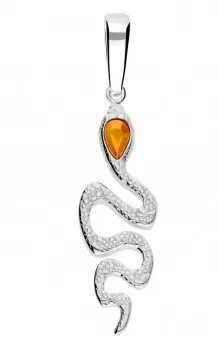 Zawieszka srebrna wąż z koniakowym bursztynem