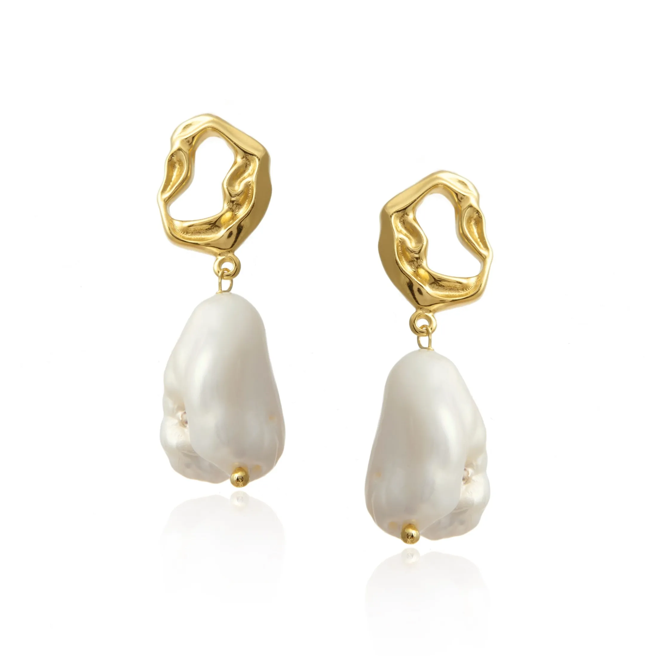 Kolczyki srebrne pozłacane z białą barokową perłą golden pearl sculpt