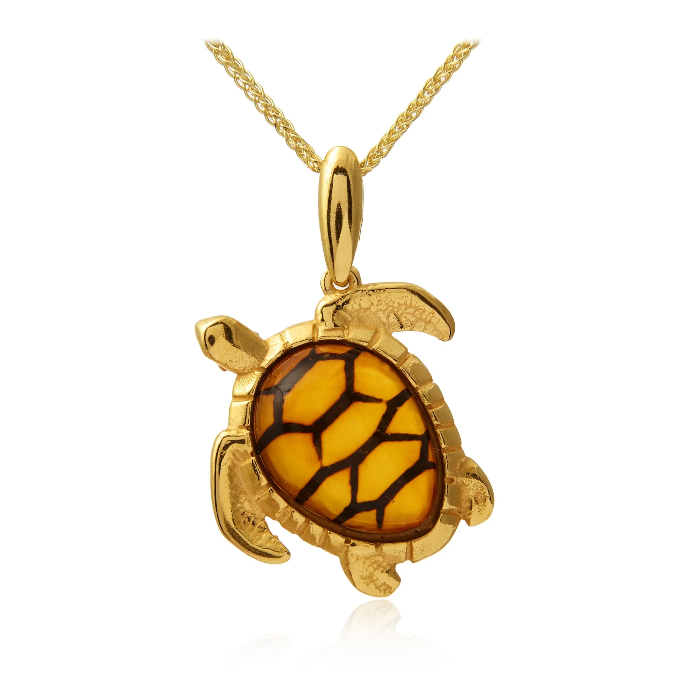 Srebrna pozłacana  zawieszka z grawerowanym bursztynem - żółw-– symbol długowieczności i mądrości