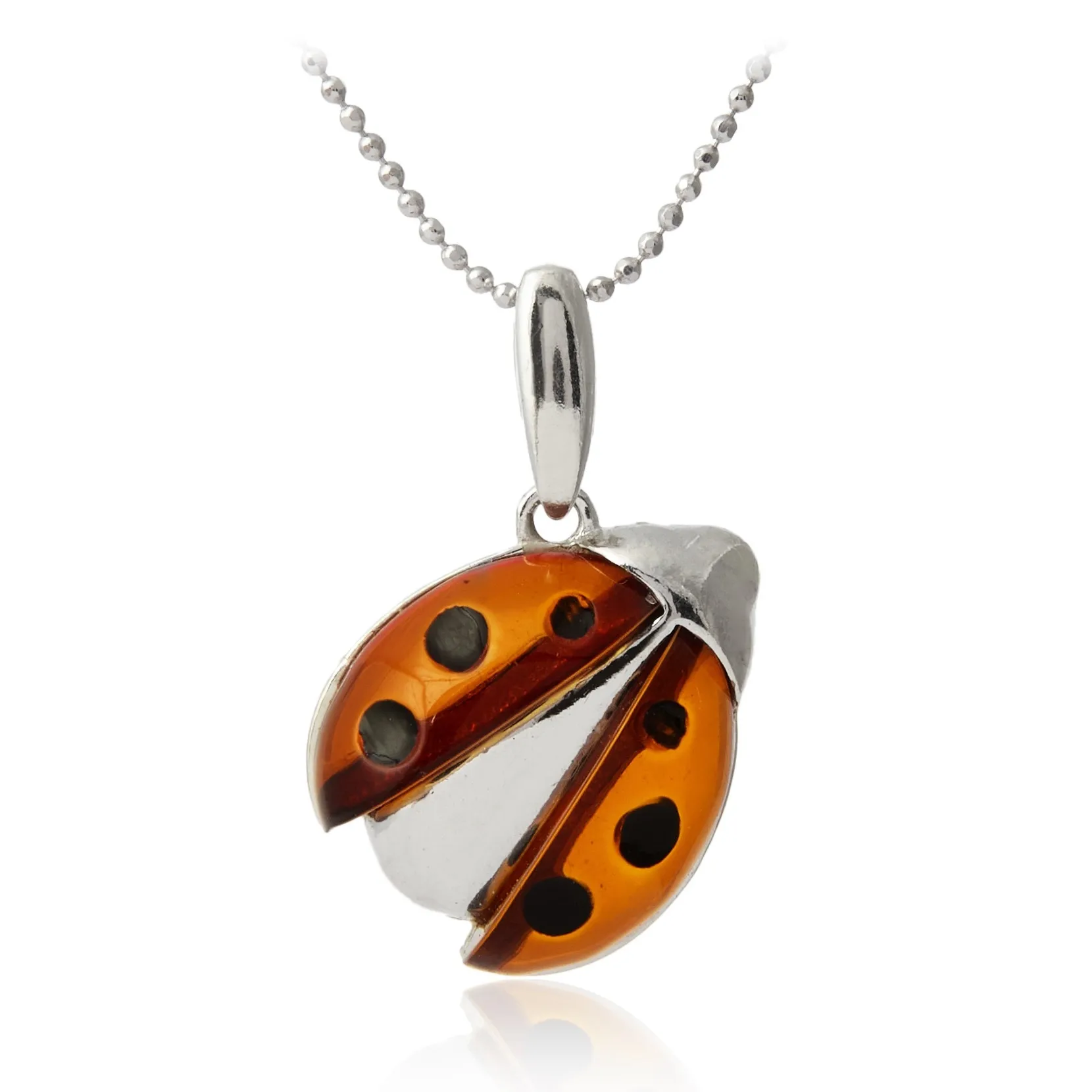 Zawieszka srebrna biedronka z bursztynem