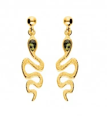 Srebrne kolczyki pozłacane  węże z zielonym bursztynem