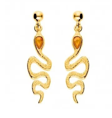 Srebrne kolczyki pozłacane węże z koniakowym bursztynem