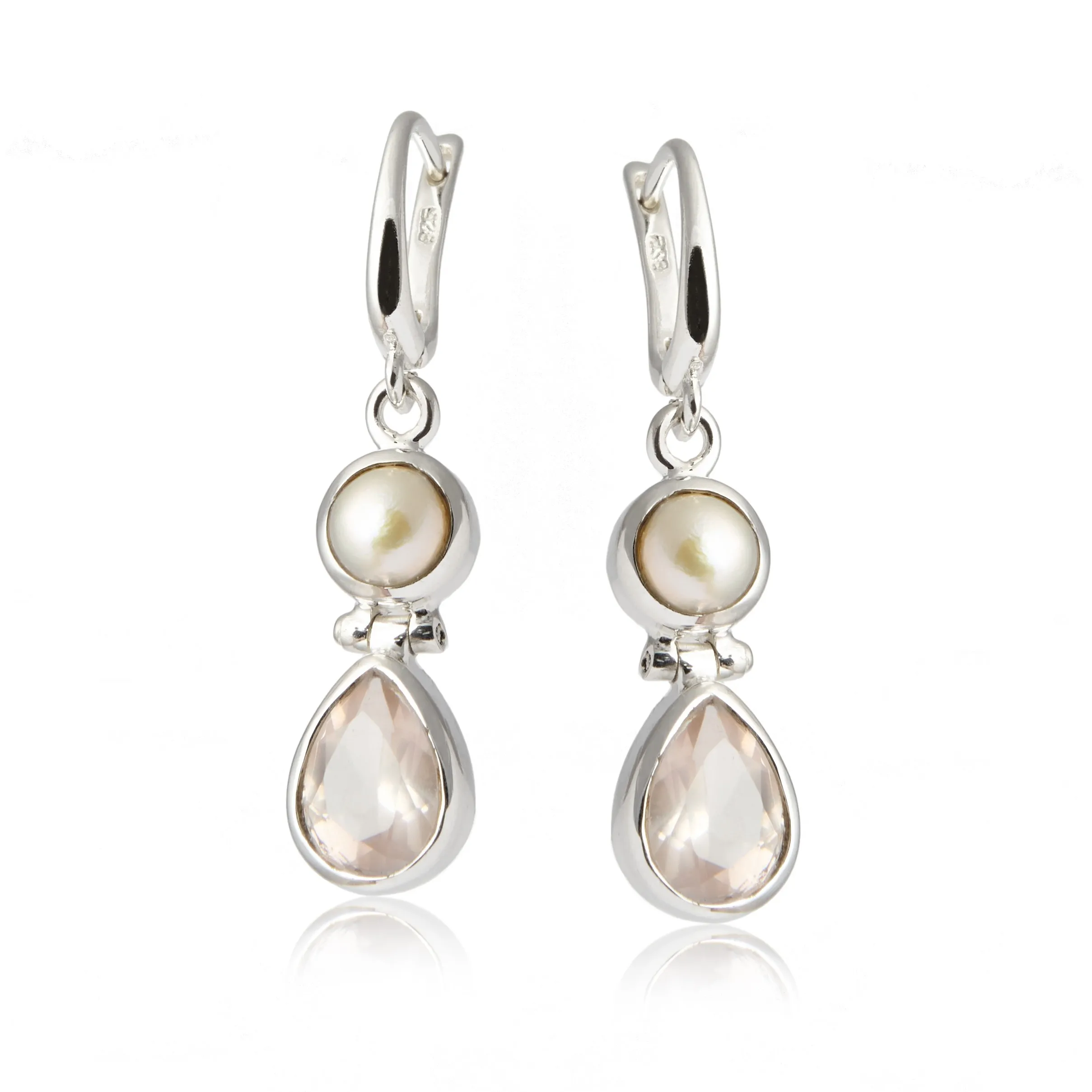 Kolczyki srebrne z białą perłą i kwarcem różowym
