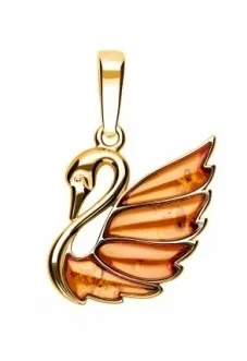 Srebrna zawieszka pozłacana z koniakowym bursztynem łabędź