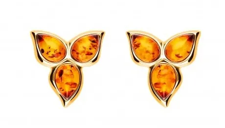 Kolczyki srebrne pozłacane kwiatki z koniakowym bursztynem