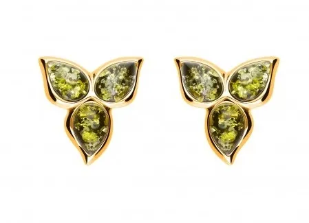 Kolczyki srebrne pozłacane kwiatki z zielonym bursztynem