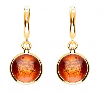 Kolczyki srebrne pozłacane z koniakowym bursztynem wiszące talarki