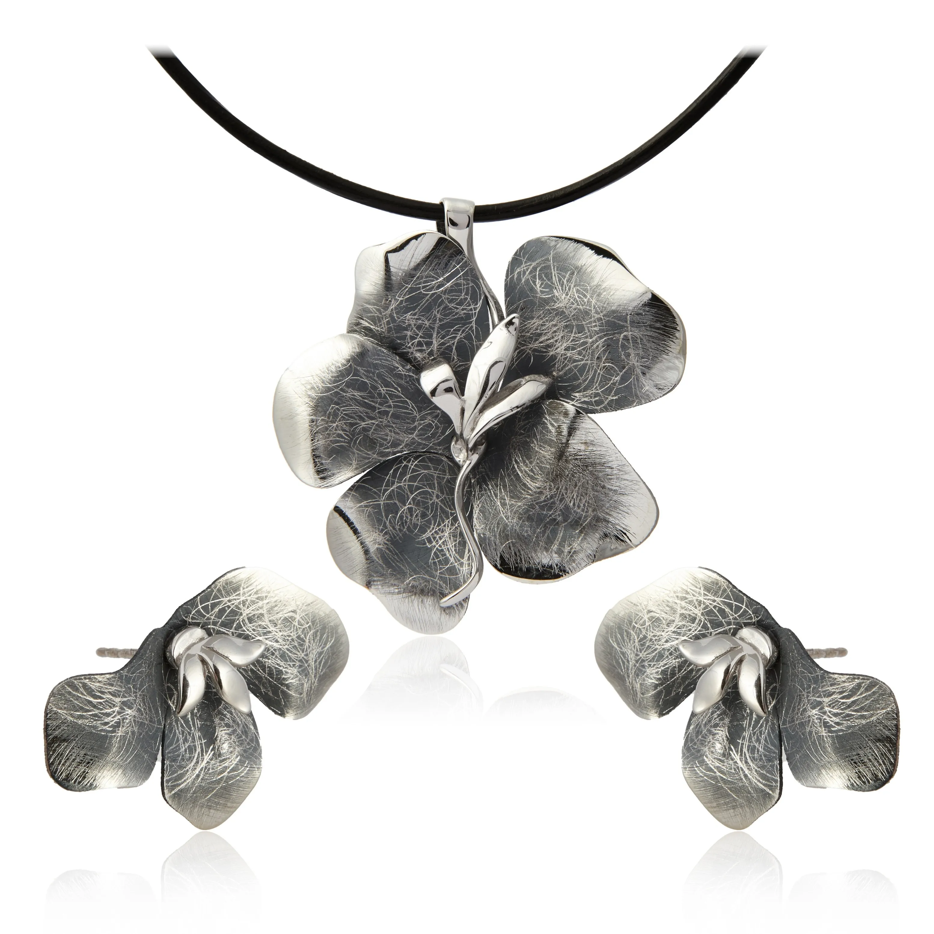 Biżuteria srebrna komplet oksydowany orchidee noire
