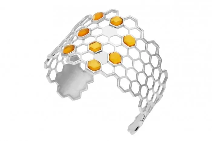 Szeroka bransoletka srebrna z bursztynem  plaster miodu