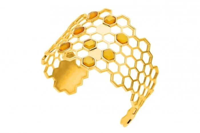 Bransoletka srebrna pozłacana z bursztynem plaster miodu