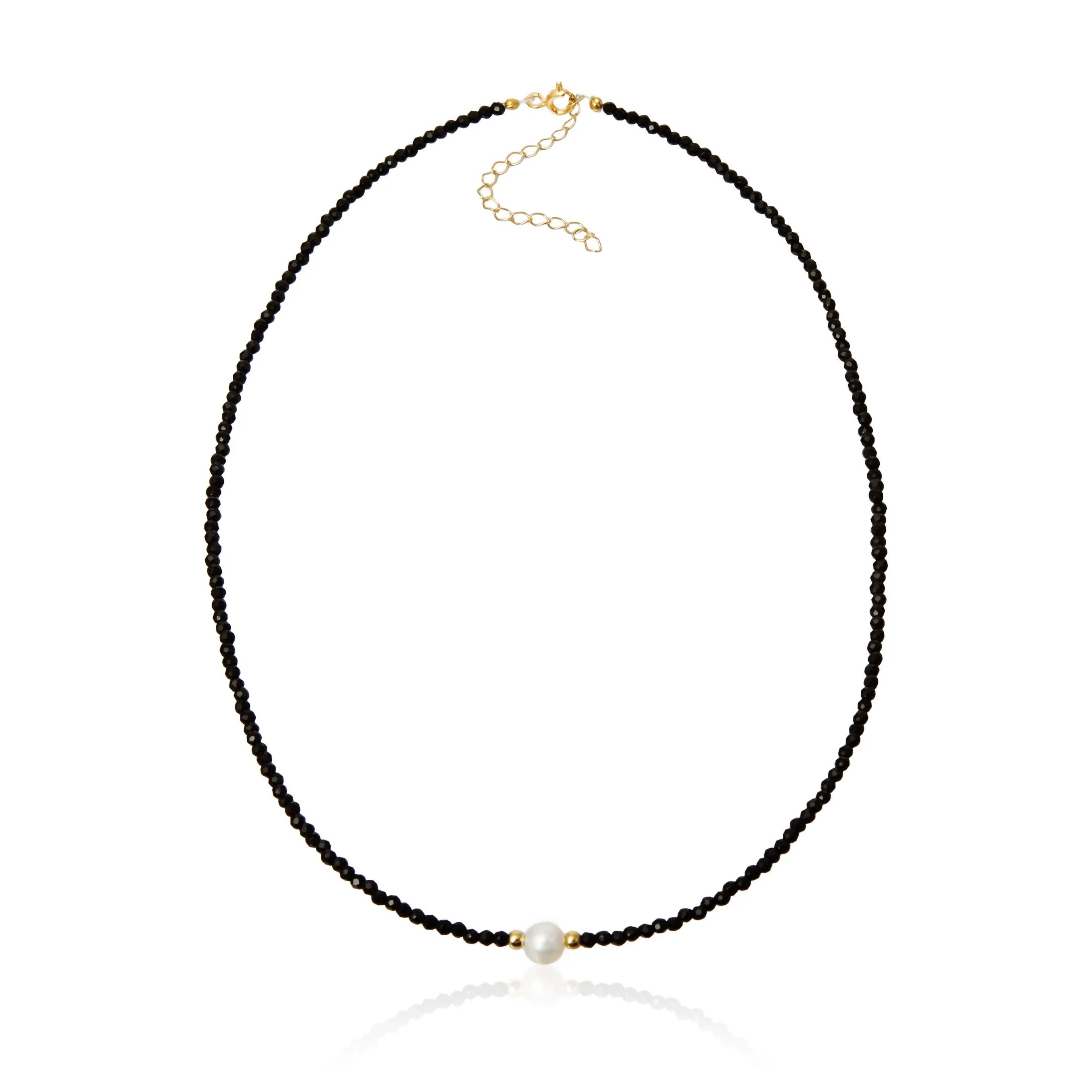 Naszyjnik srebrny pozłacane czarne spinele z perełką