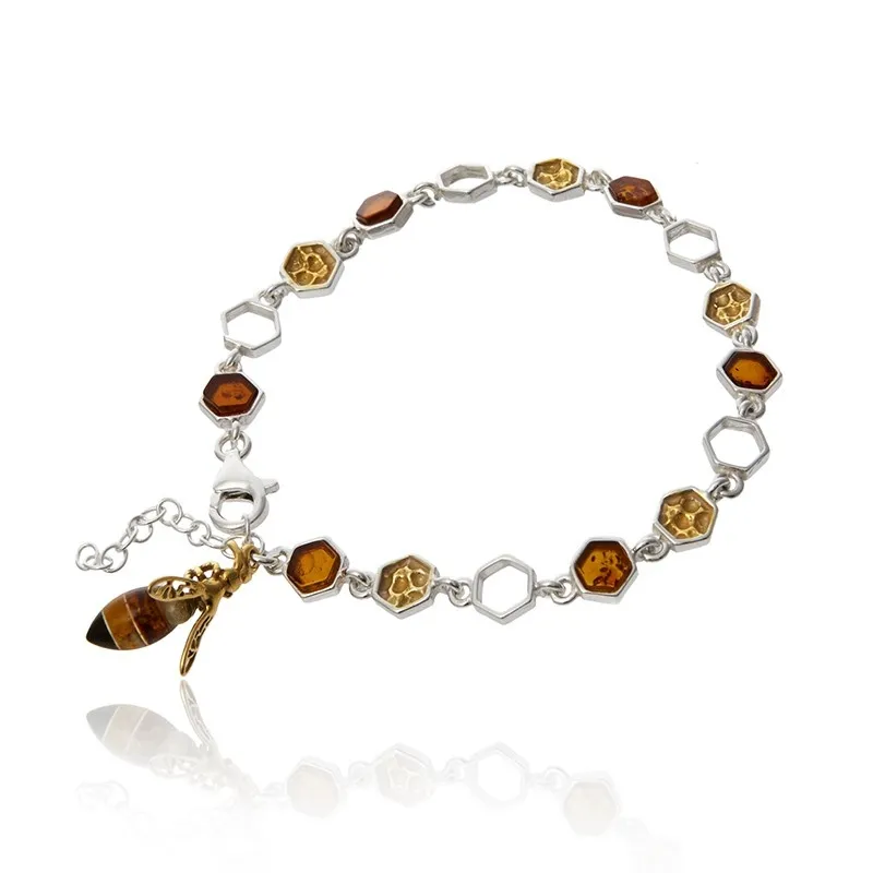 Bransoletka srebrna pozłacana  z bursztynem pszczoła na plastrach miodu