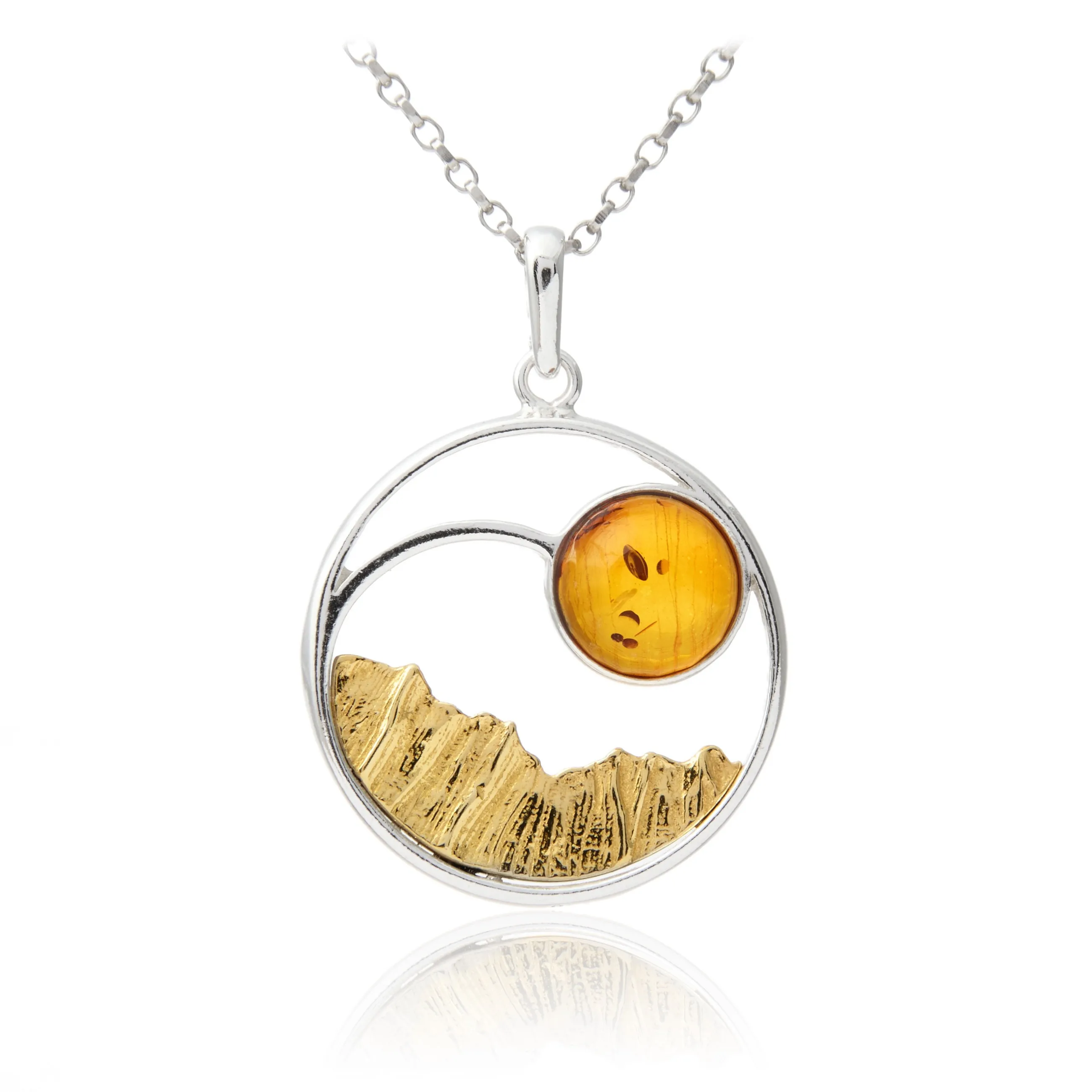 Zawieszka srebrna pozłacana z koniakowym bursztynem zachód słońca nad morzem