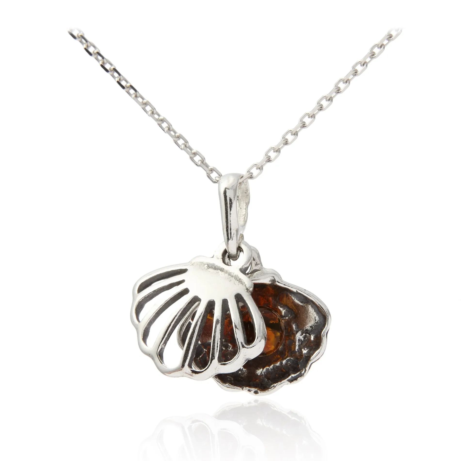 Zawieszka srebrna "muszla sekretów" z bursztynem bałtyckim