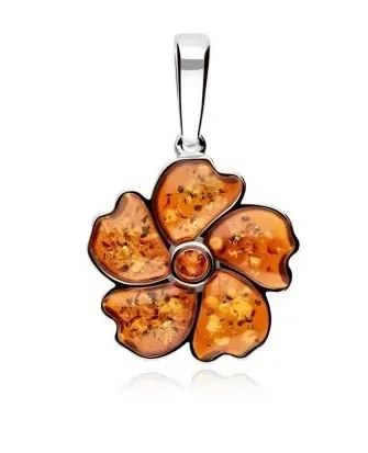 Zawieszka srebrna kwiatek z bursztynem  - wiśnia z łuską