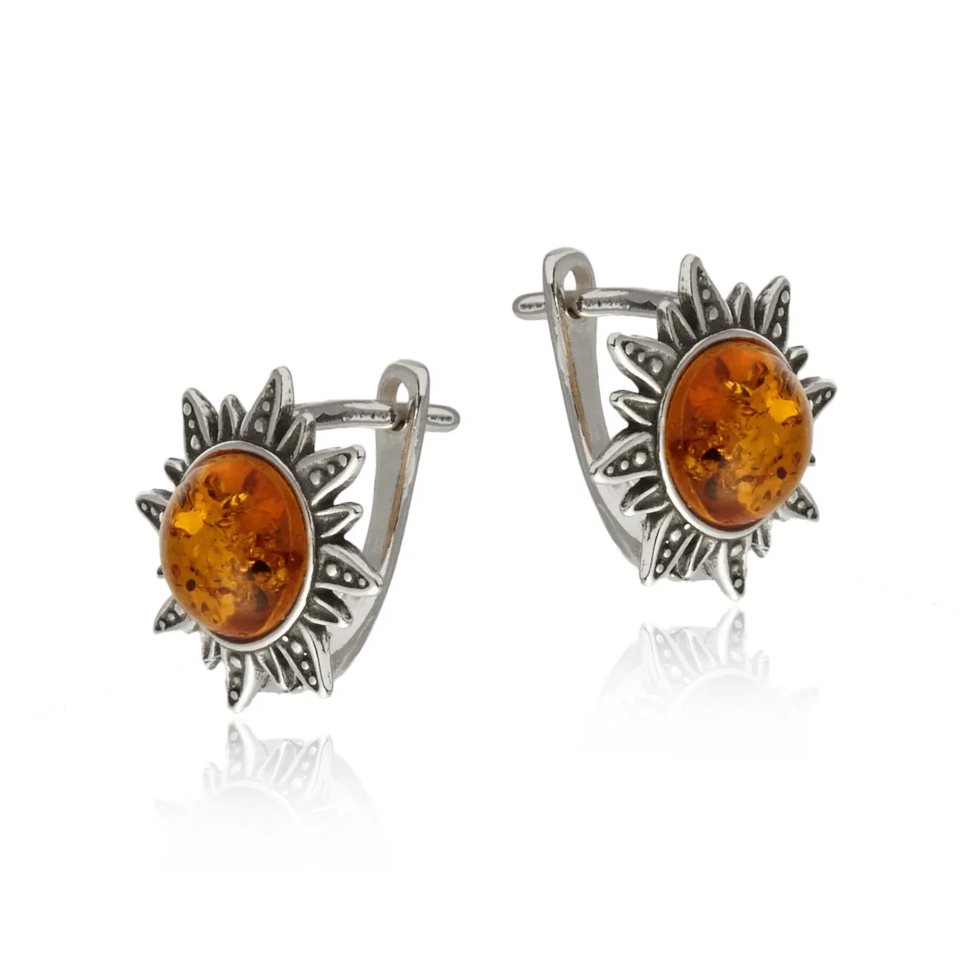 Kolczyki srebrne słoneczkaz bursztynem na angielskim zapięciu