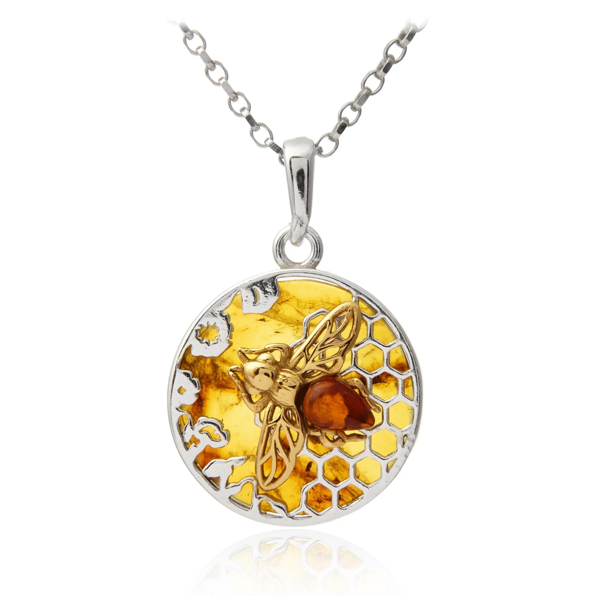 Srebrna zawieszka z bursztynem z pozłacaną pszczółką