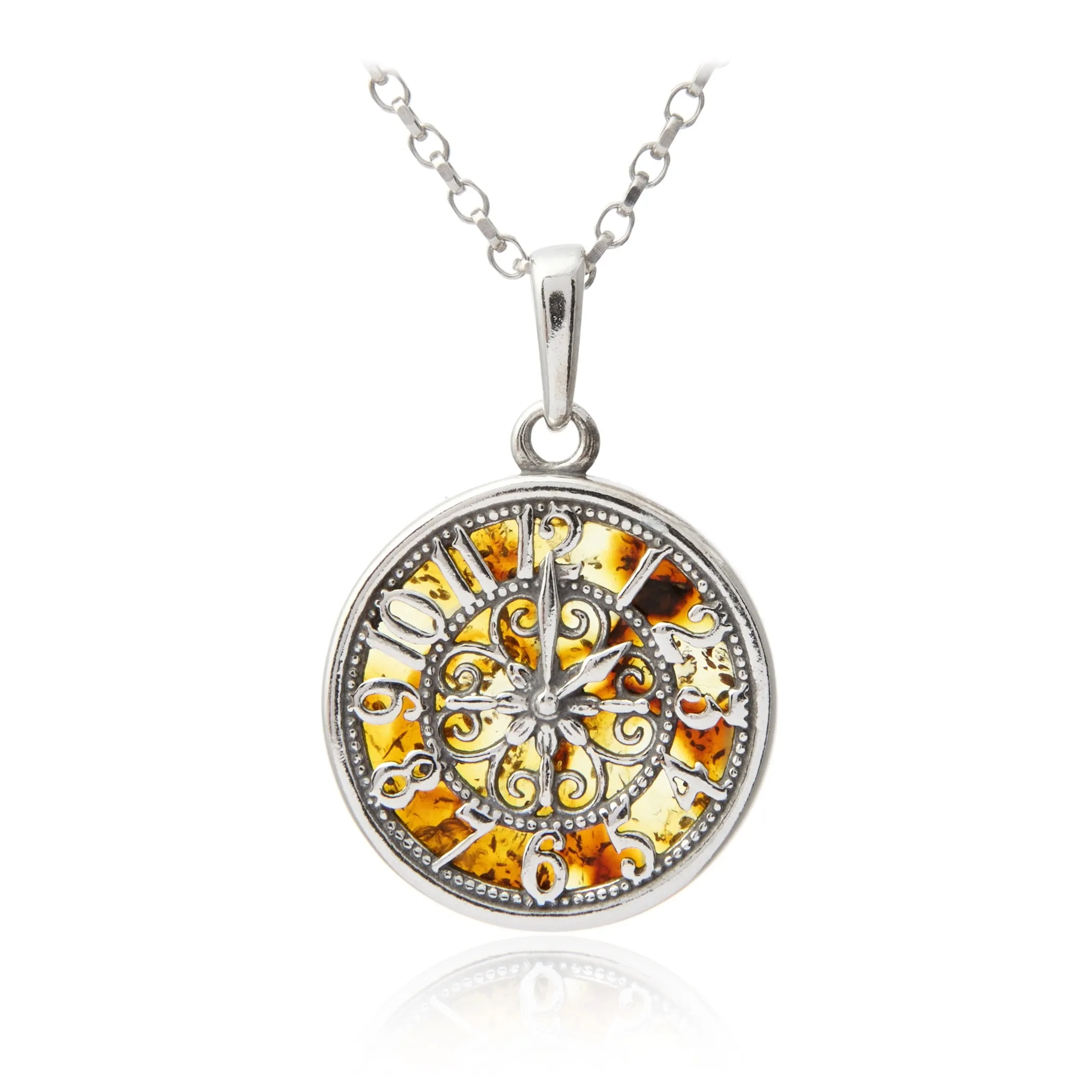 Srebrna zawieszka z bursztynem zegar
