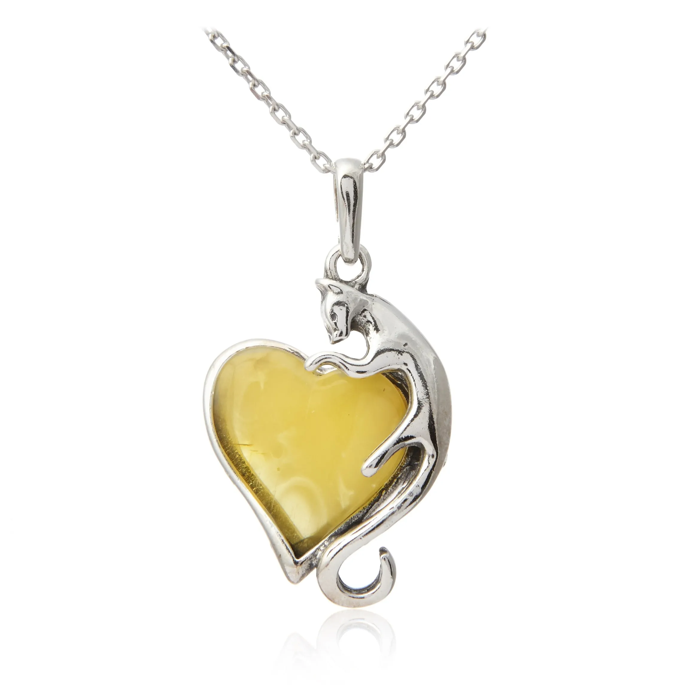 Zawieszka srebrna z bursztynem  jaguar na sercu