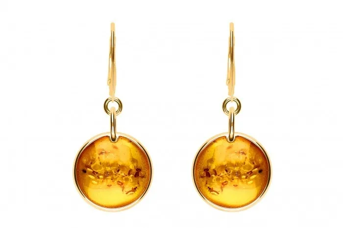 Kolczyki srebrne pozłacane z cytrynowym bursztynem wiszące talarki