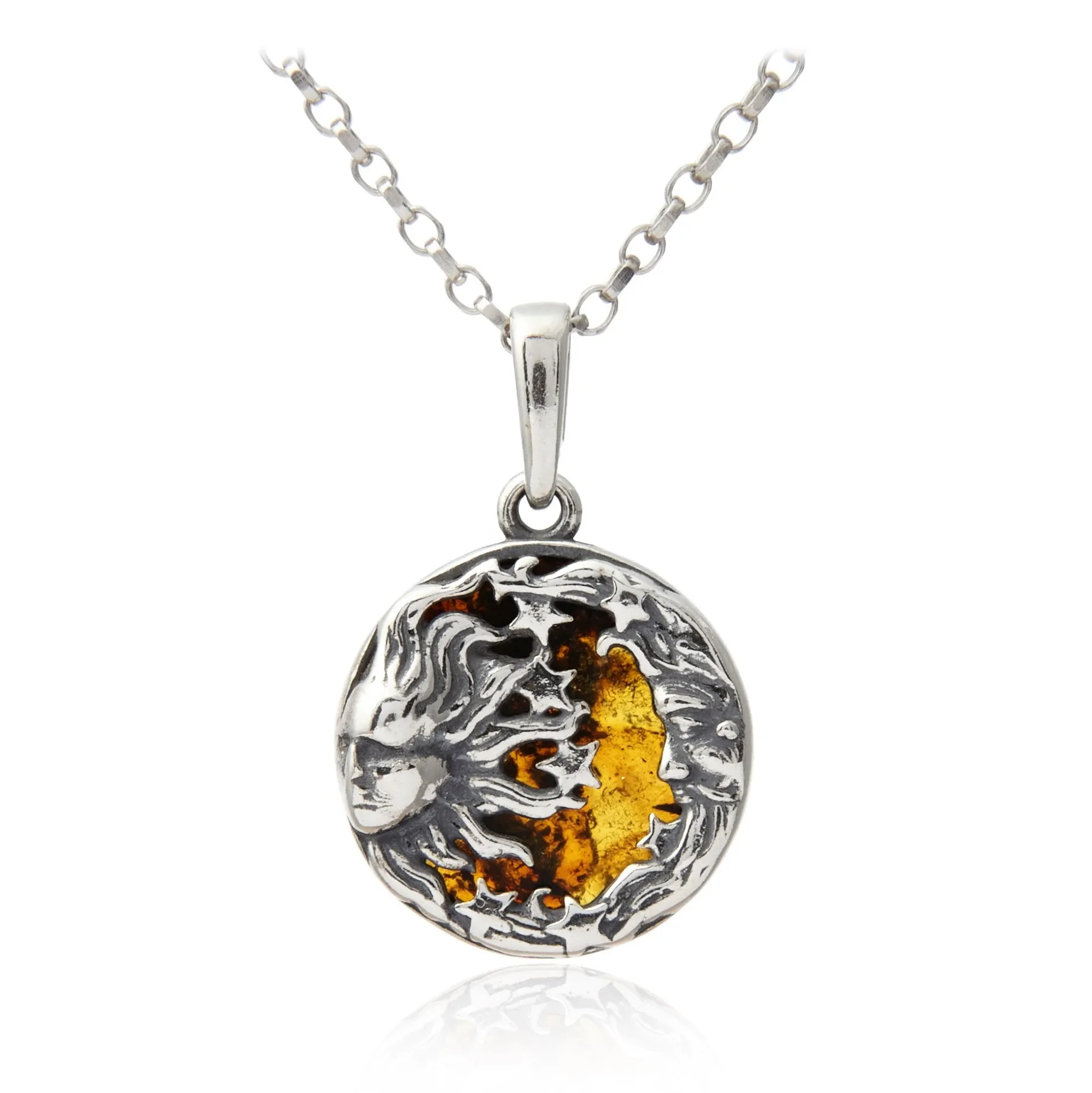 Srebrna zawieszka z bursztynem - słońce i księżyc