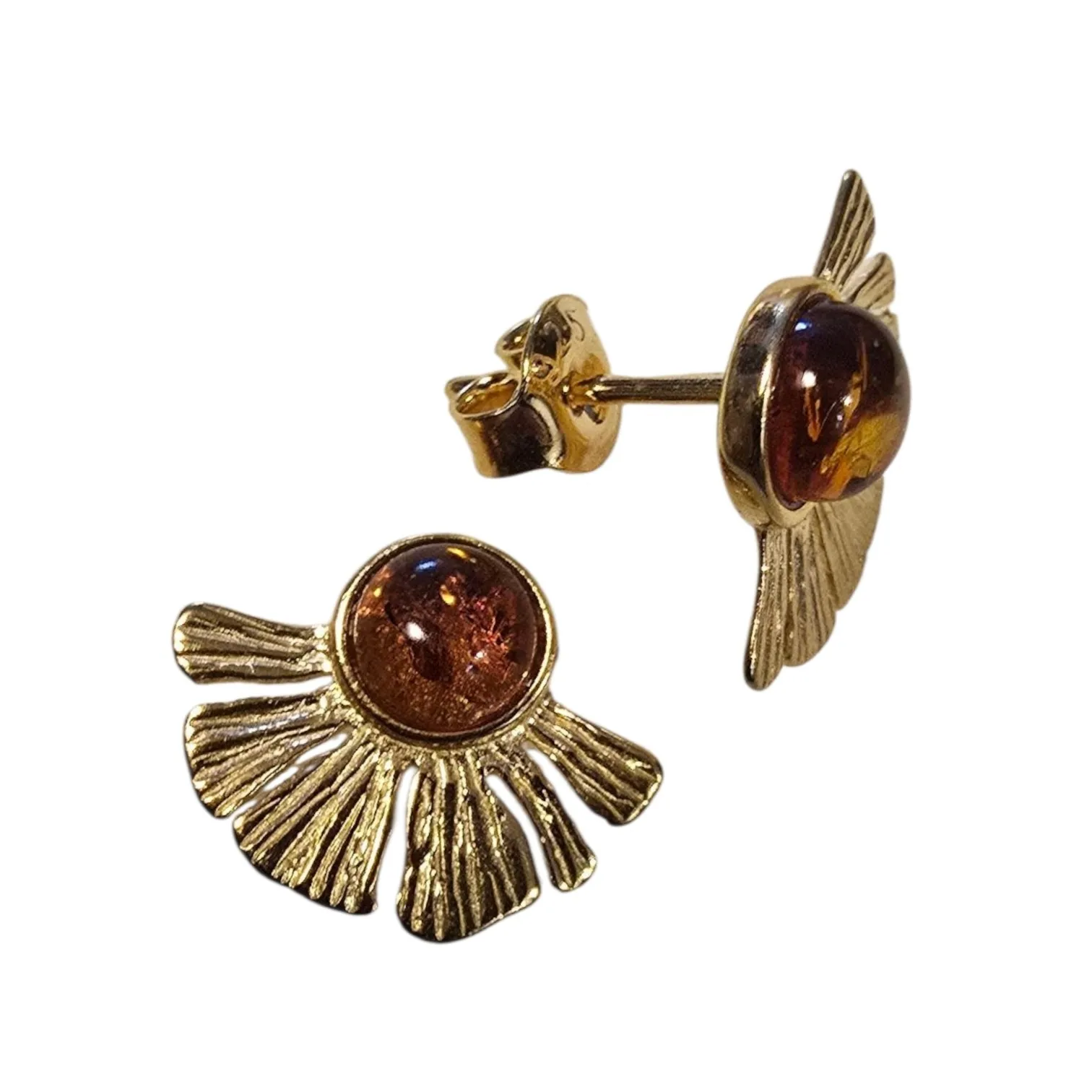 Kolczyki srebrne pozłacane z koniakowy bursztynem wachlarz
